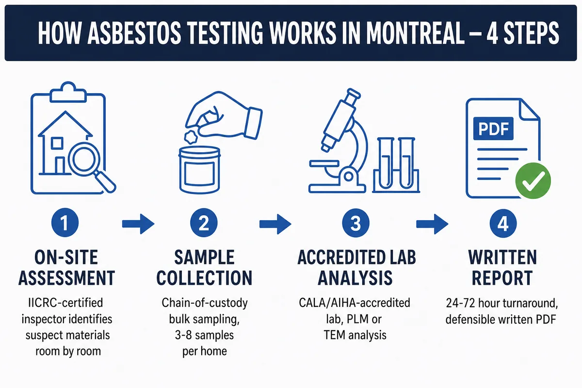 Four-step asbestos testing process for Montreal homes: on-site assessment, sample collection, accredited lab analysis, written report