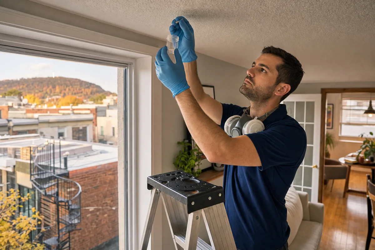 Certified IICRC inspector collecting a ceiling bulk sample for asbestos testing in a Montreal home with Mount Royal and triplex rooftops visible through the window