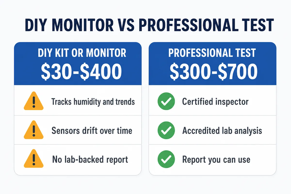 DIY air quality monitor 30 to 400 dollars vs professional air quality test 300 to 700 dollars comparison for Canadian homeowners