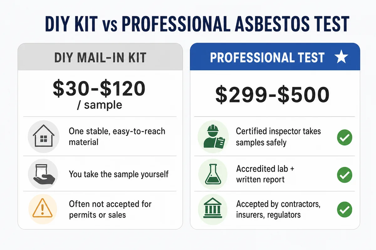 DIY asbestos test kit 30 to 120 dollars vs professional asbestos test 299 to 500 dollars comparison for Canadian homeowners