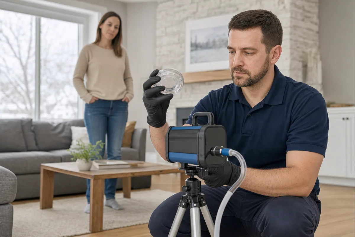 Certified inspector collecting a spore-trap air sample with a bioaerosol pump in an Ontario home