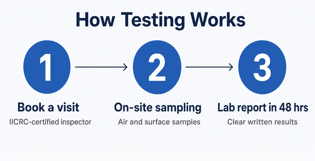 How testing works: book a visit, on-site sampling, lab report in 48 hours