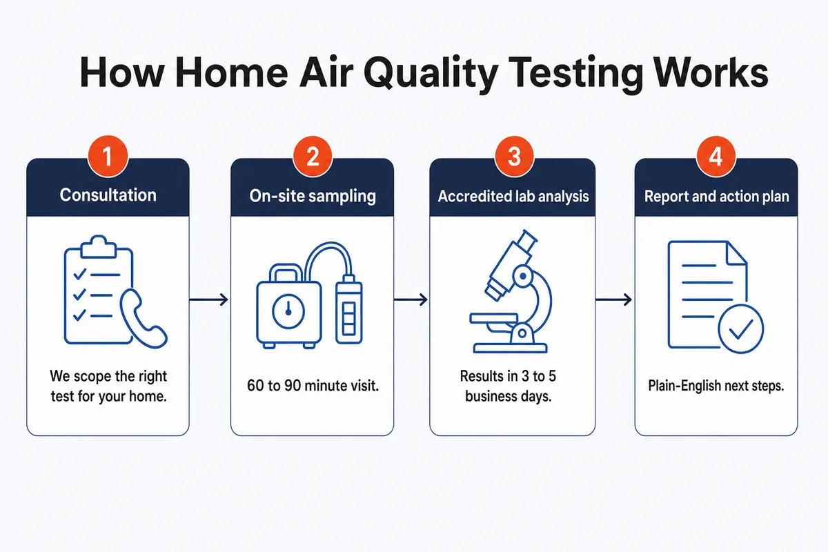 Four-step diagram of home air quality testing: consultation, on-site sampling, accredited lab analysis, report