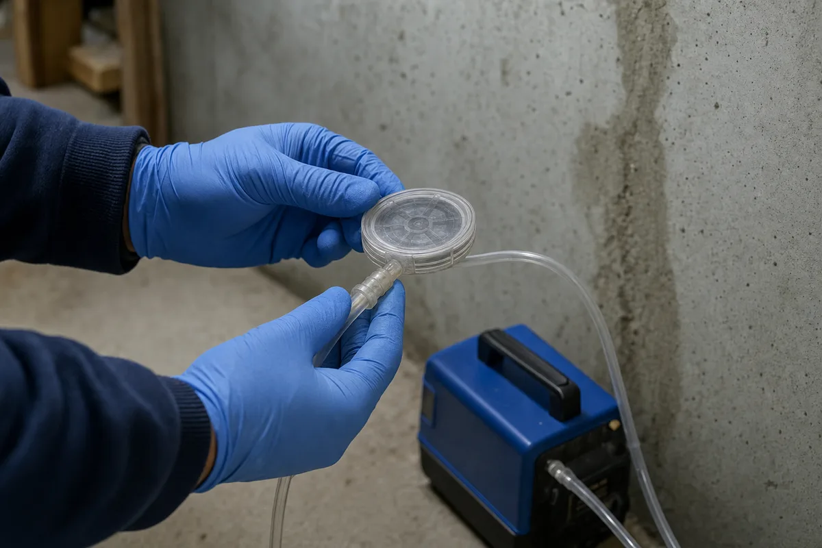 Gloved inspector holding a mold air sampling cassette connected to a pump at a foundation wall in a Kemptville home