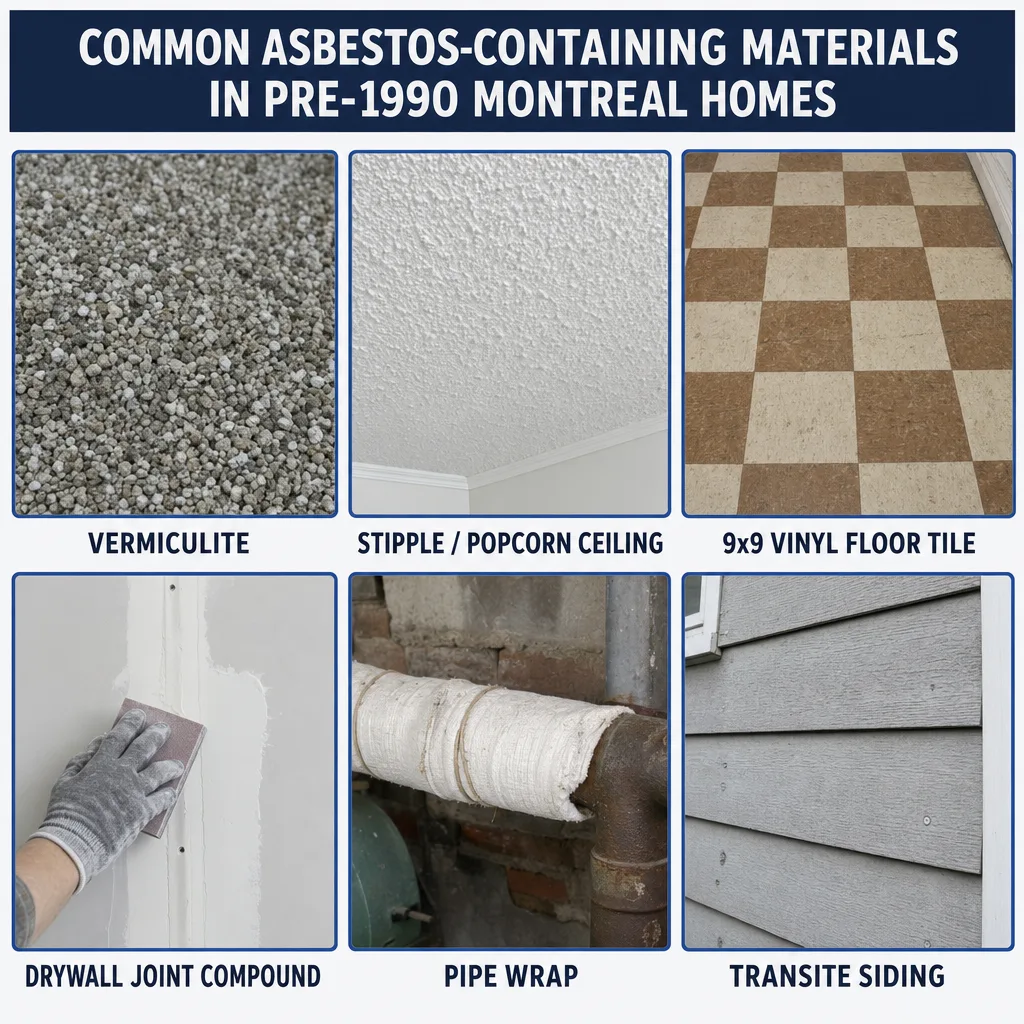 Six common asbestos-containing materials in pre-1990 Montreal homes: vermiculite, stipple ceiling, 9-inch vinyl floor tile, drywall joint compound, pipe wrap, transite siding