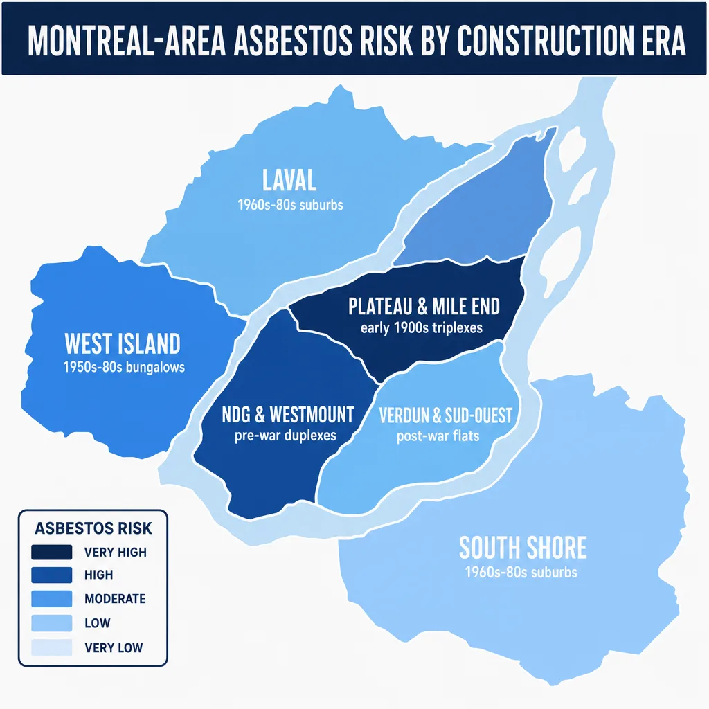 Stylized risk map of Greater Montreal neighbourhoods and suburbs by construction era: Plateau, NDG, Verdun, West Island, South Shore and Laval asbestos exposure patterns
