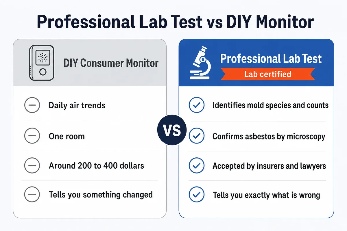Comparison of a professional lab air quality test versus a DIY consumer monitor for mold and asbestos
