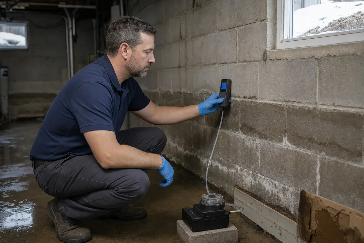 Inspector checking a water-damaged Montreal basement foundation wall with a moisture meter and spore-trap air sampling pump after spring flooding