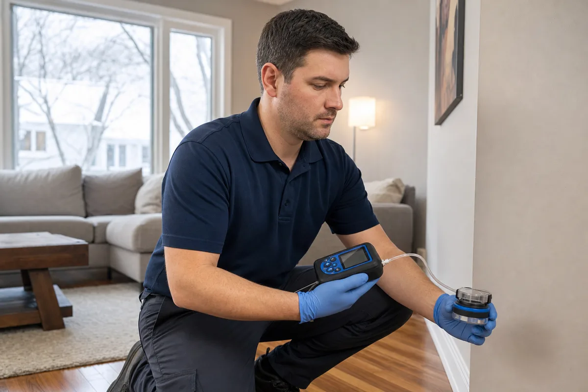 Certified inspector taking an indoor air quality sample near a baseboard in a Canadian home