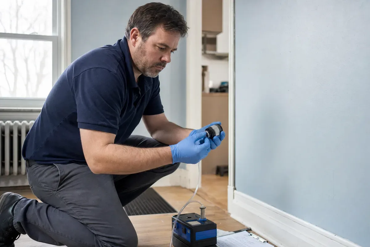 Certified indoor air quality inspector collecting a spore trap air sample in a Canadian home