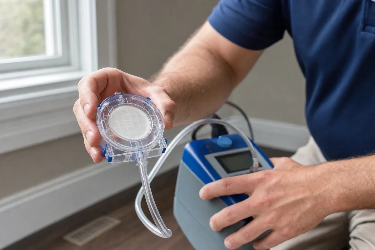Inspector holding an air sample cassette and pump during a home mold test