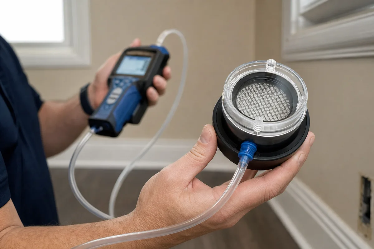 Air quality inspector collecting an air sample with a spore-trap cassette and calibrated pump