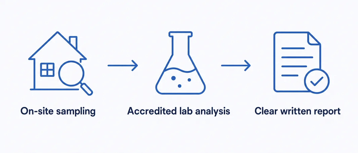 Three-step air quality testing process: on-site sampling, accredited lab analysis, clear written report