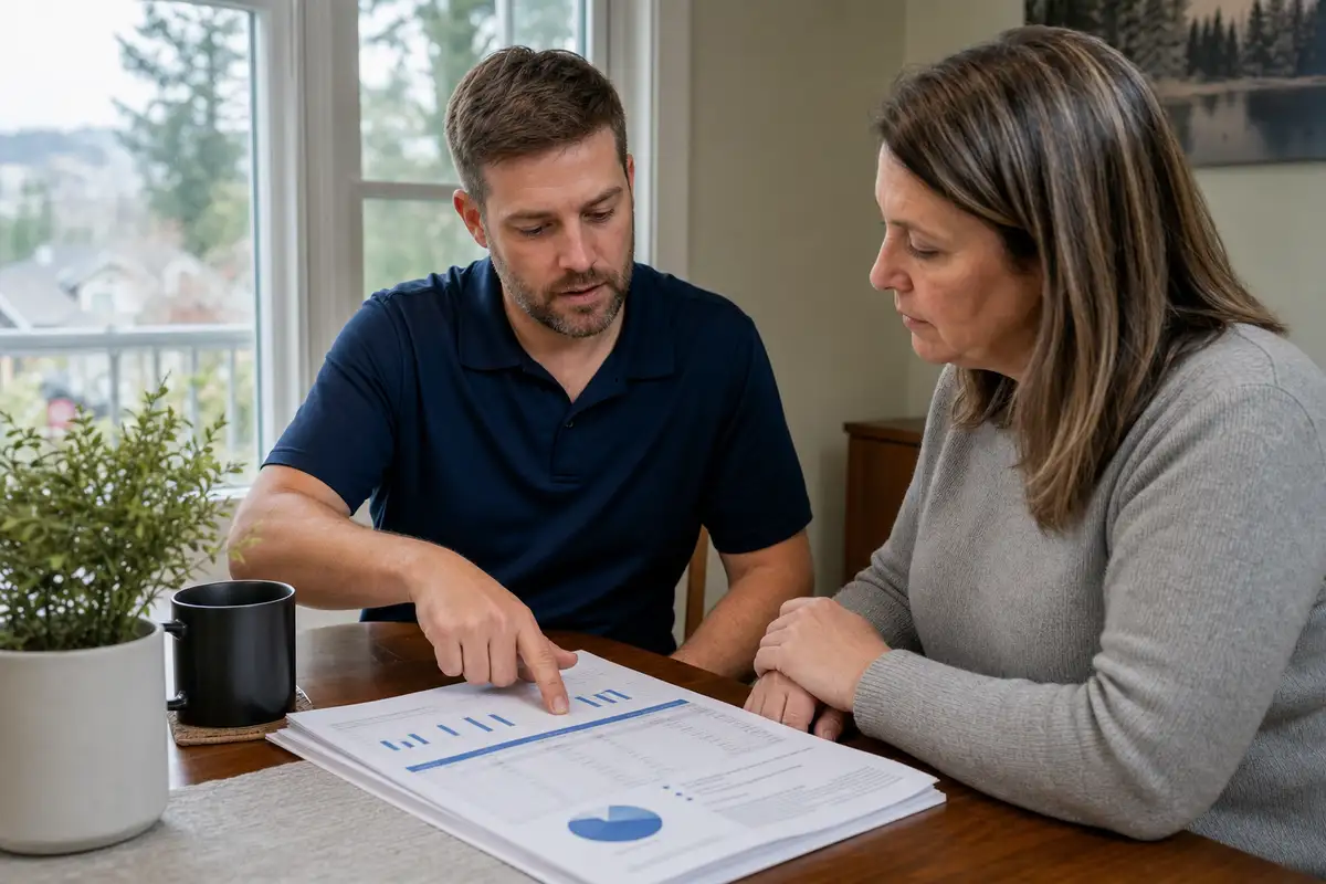 Air quality inspector reviewing a lab report and recommendations with a homeowner