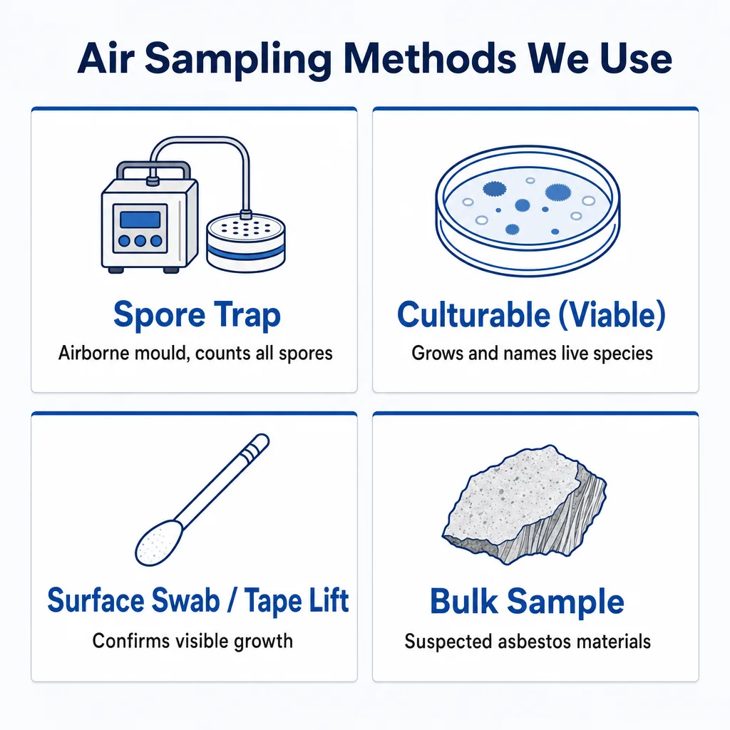 Comparison of professional air sampling methods: spore trap, culturable, surface swab, and bulk sampling