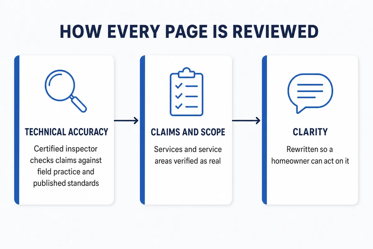 Three-stage editorial review process: technical accuracy, claims and scope, then clarity
