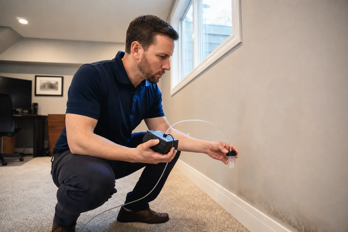 Air quality inspector taking a spore trap air sample beside a damp basement wall during an odour inspection