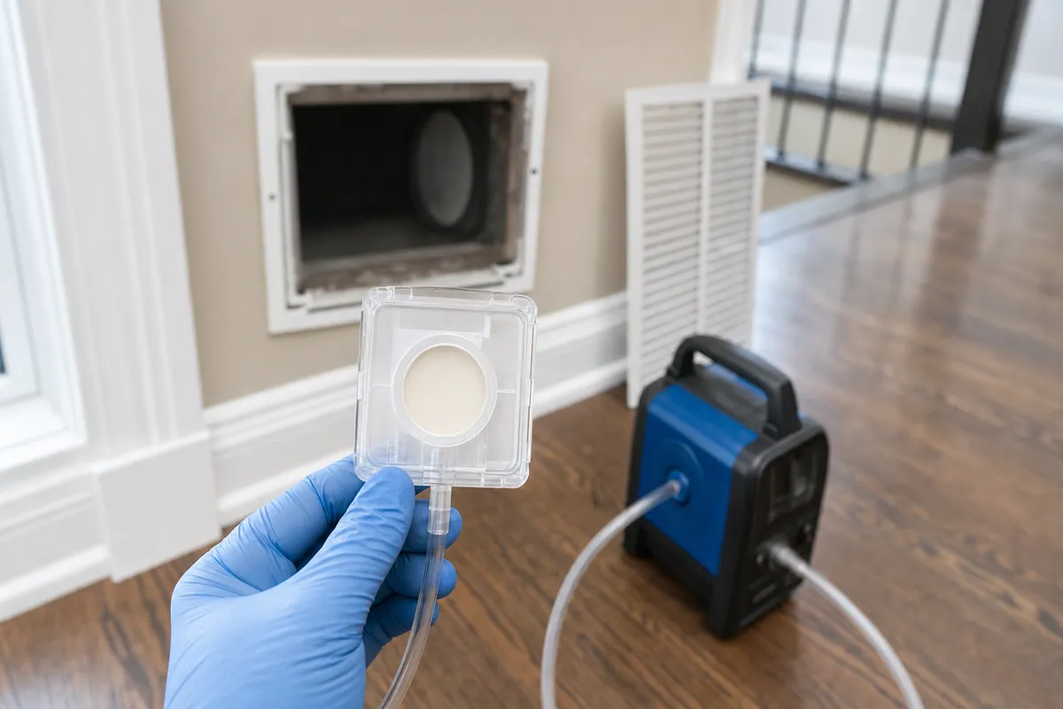 Spore trap sampling cassette and portable air sampling pump set up beside an open HVAC return vent