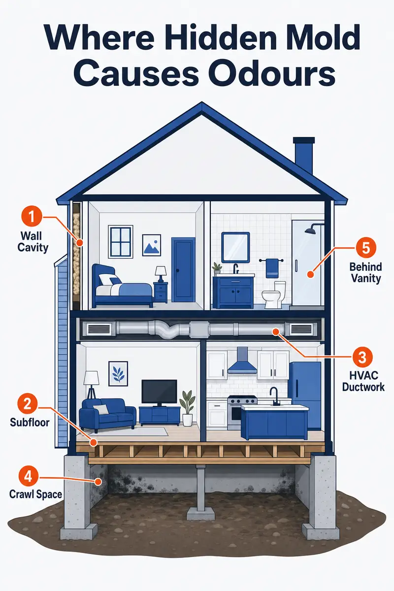 Infographic showing where hidden mold causes odours in a house: wall cavity, subfloor, HVAC ductwork, crawl space and behind vanity