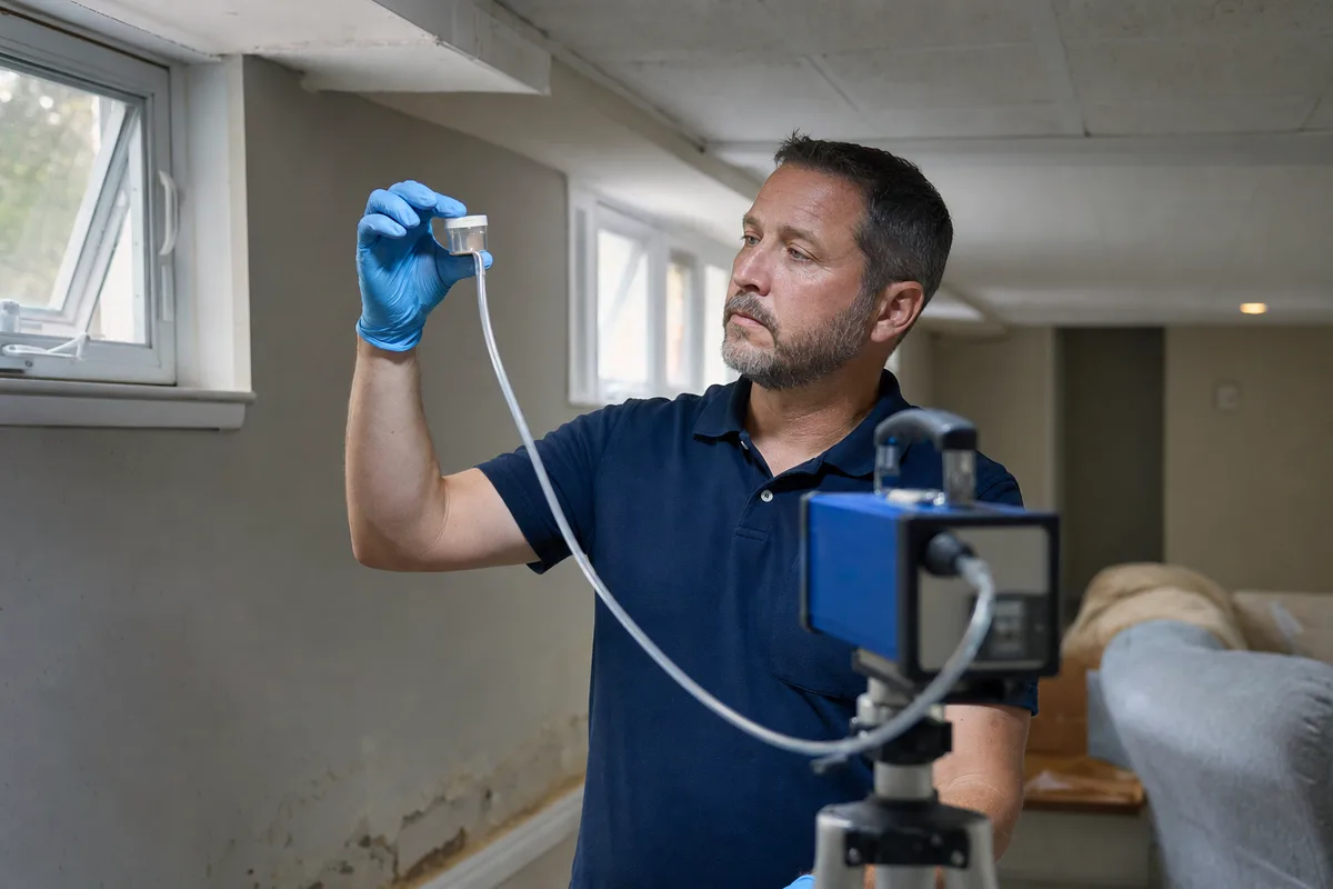 Certified inspector collecting a spore trap air sample in an Ontario basement for air quality testing