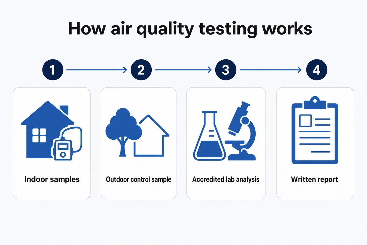 Four step air quality testing process: indoor samples, outdoor control sample, accredited lab analysis, written report